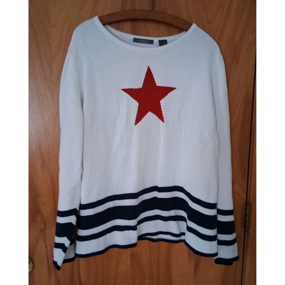 Liz Claiborne Petite 3 (L) White 100% Cotton Sweater Red Star Nautical Stripes
